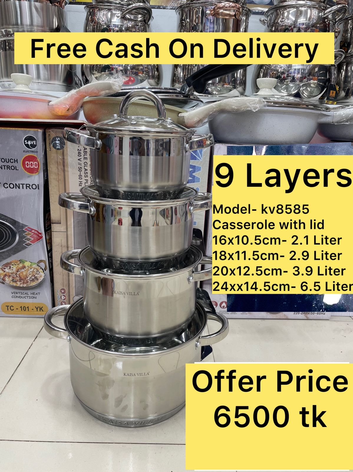 Kv-8585, 9 Layers, Kaisa Villa Stainless Steel Cookingset, Induction bottom 8pcs Cookware Set, Best Quality & Best Price in BD