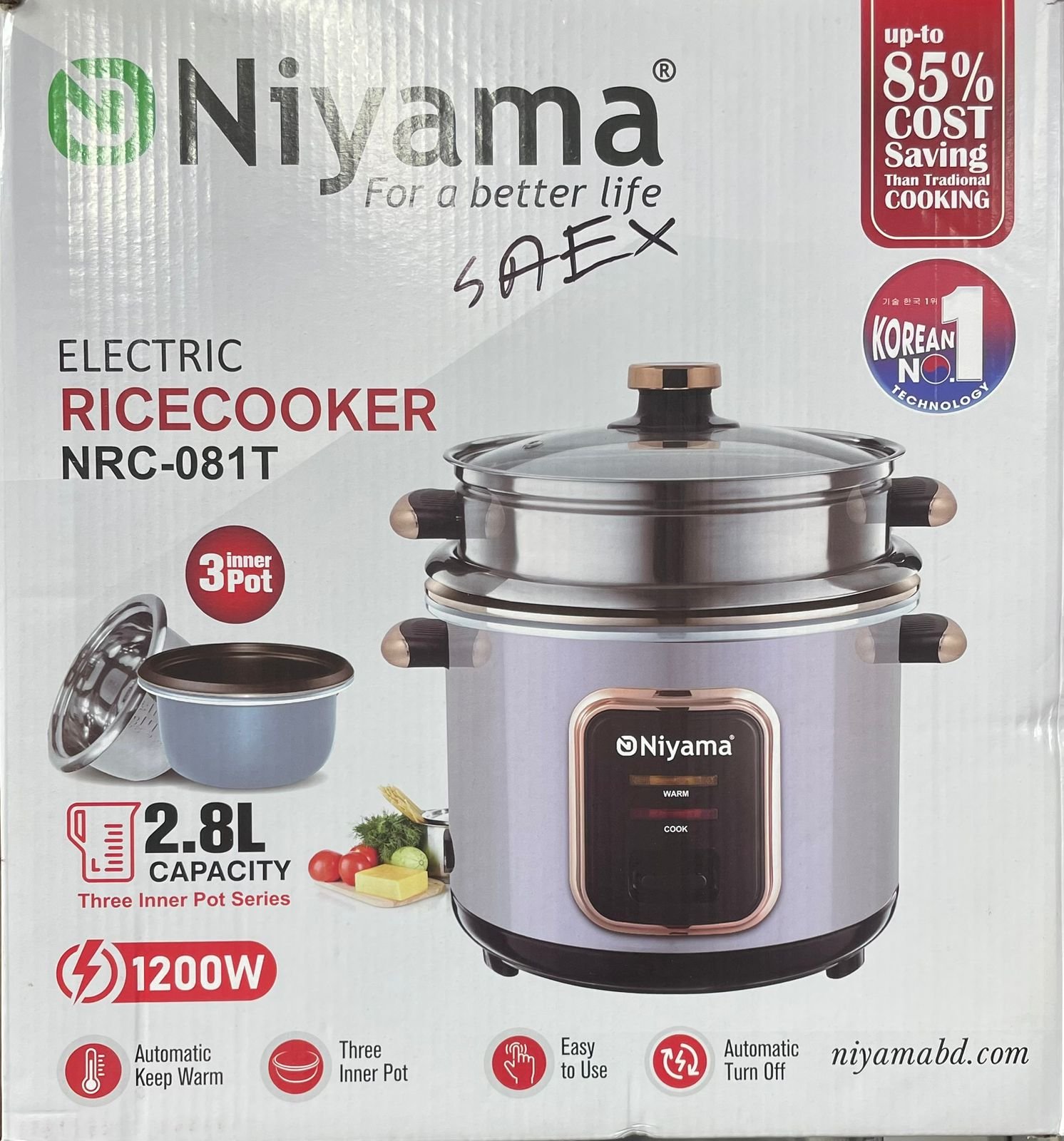 Niyama Electric Rice cooker NRC-081T, 2.8Litar, 3 inner pot, 1200W