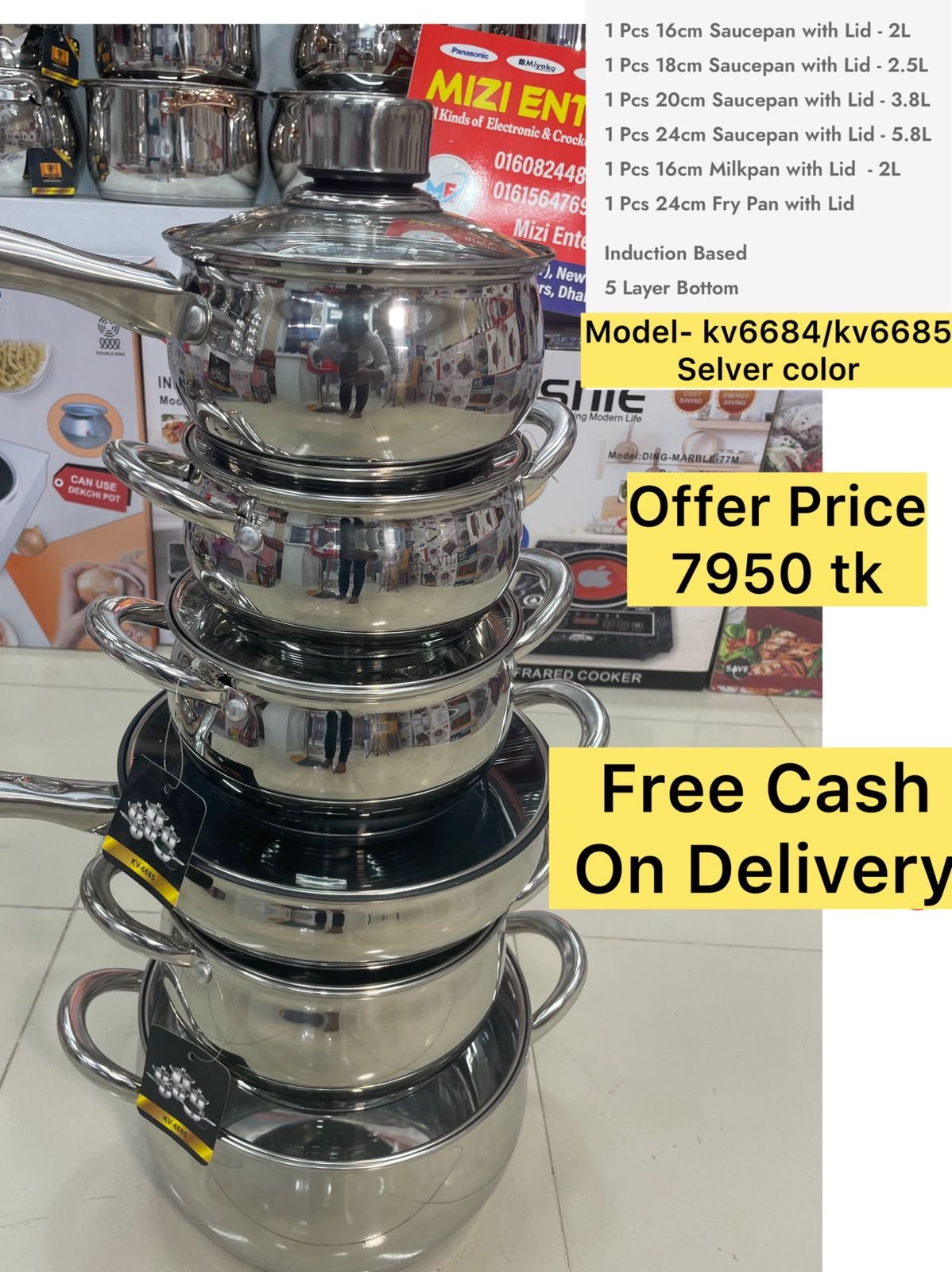 Kv-6685 Kaisa, 5 Layers Induction Based, 12pcs Kaisa Villa Stainless Steel Cookware Set Casserole, Saucepan, Milkpan With Faypan Best Quality & Best Price in BD