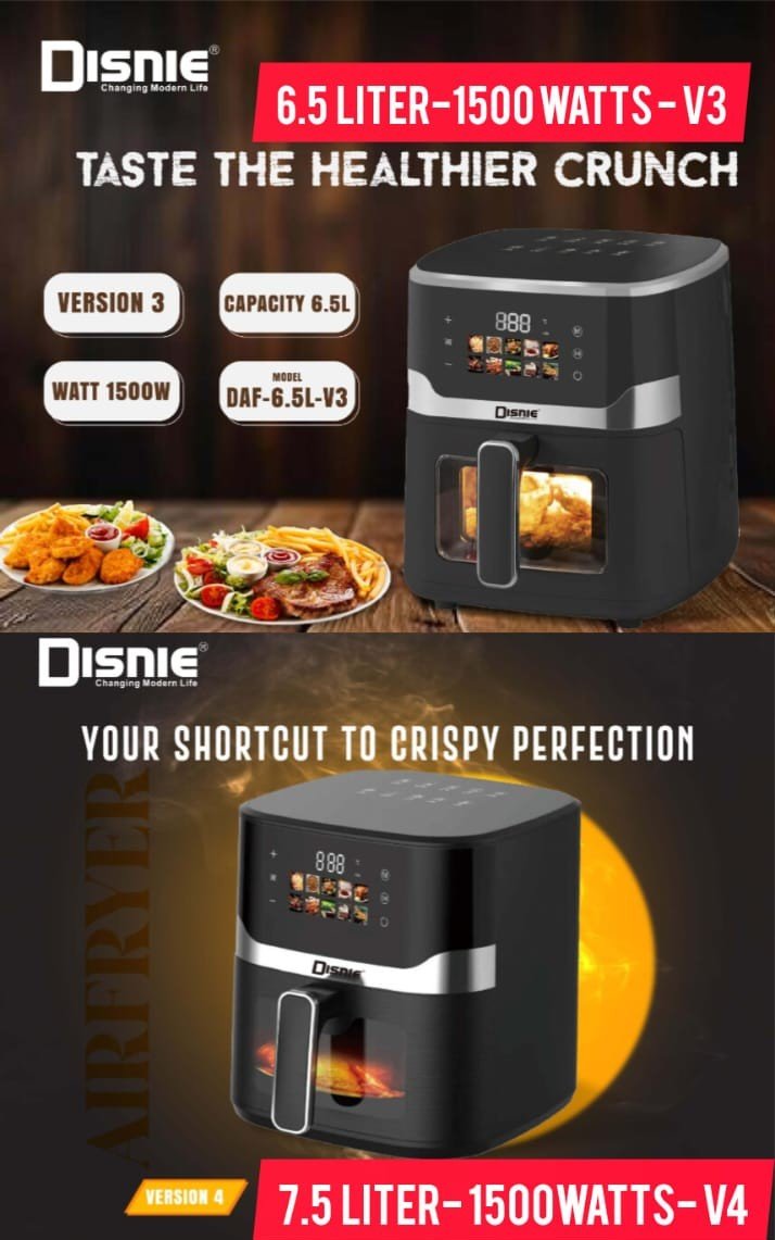 Disnie Air Fryer DAF-7.5L-V4/ DAF-6.5L-V3, 7.5Liter/6.5Liter-1500Watts, Supper Inverter Healthy Air Fryer- Fries Without Oil, Best Quality & Best Price in BD